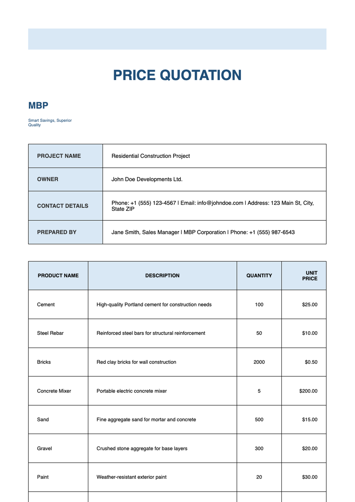 MBP price quotation template with project details and approval section_variant_1